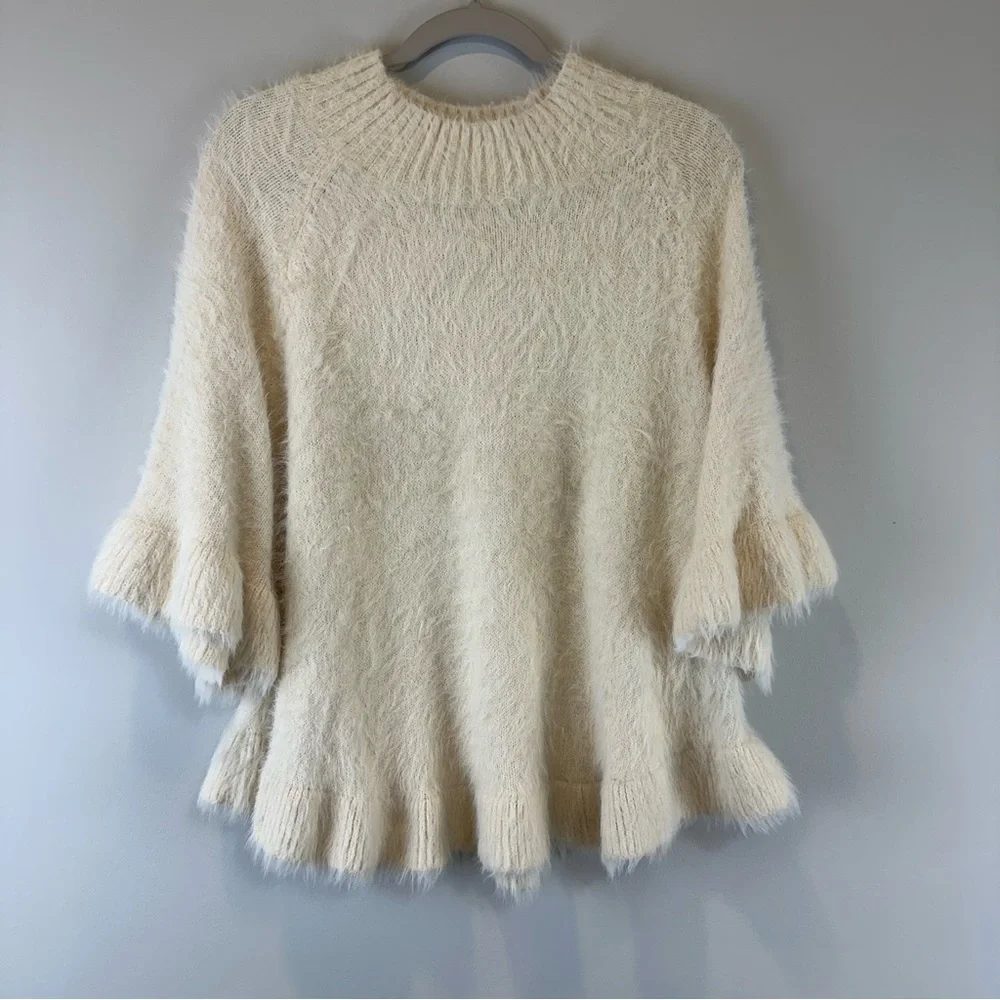 3 Sisters Cream Off White Fuzzy Fluffy Cozy Peplum Bell Sleeve Sweater Medium